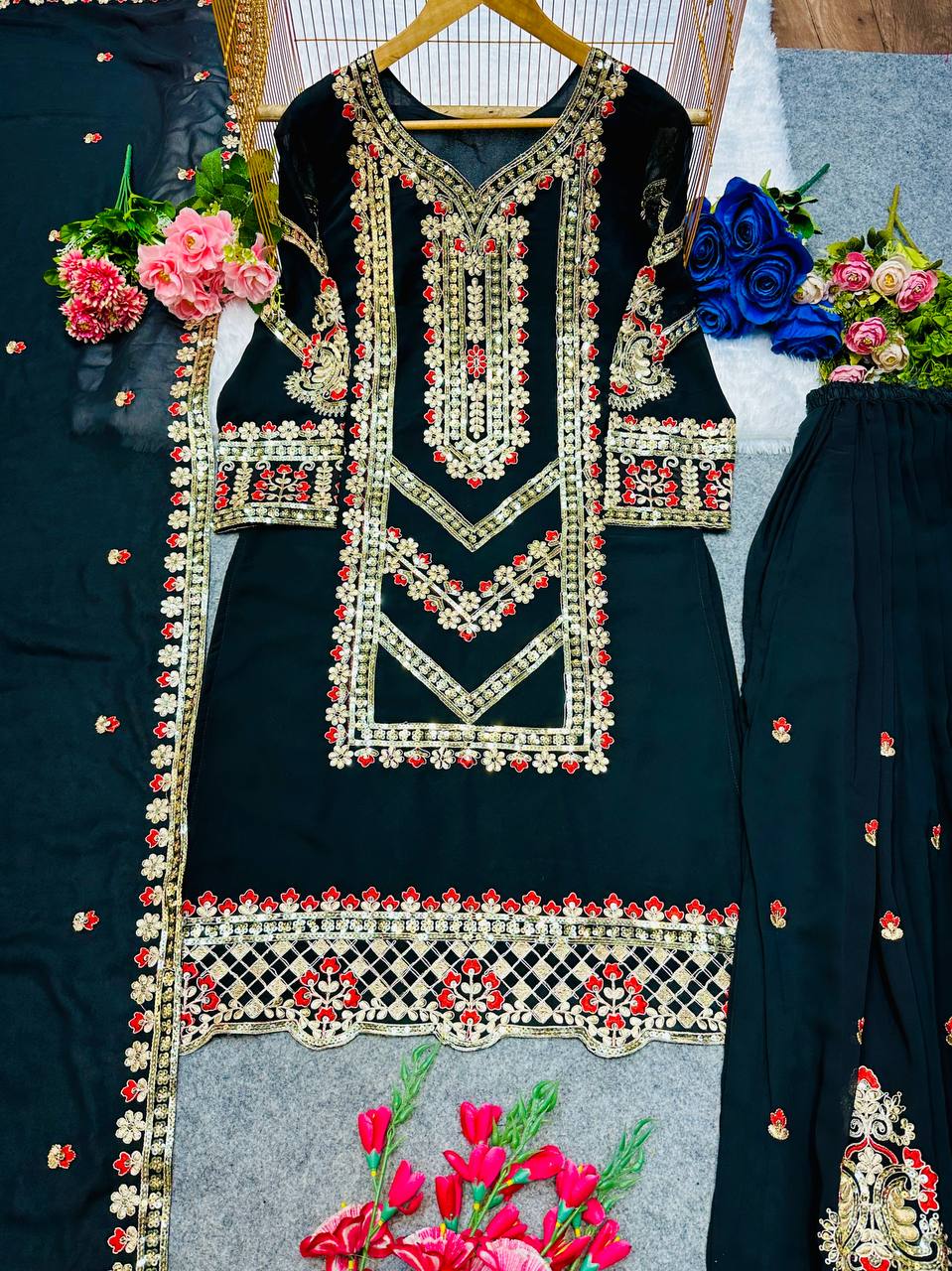 PARTY WEAR TOP AND PLAZZO. WITH FANCY DUPPATA AND EMBROIDERY WORK