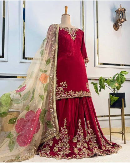 Đěsigner Party Wear Look Heavy Cinon Silk Top Sarara & Dupatta Set single available wholesale