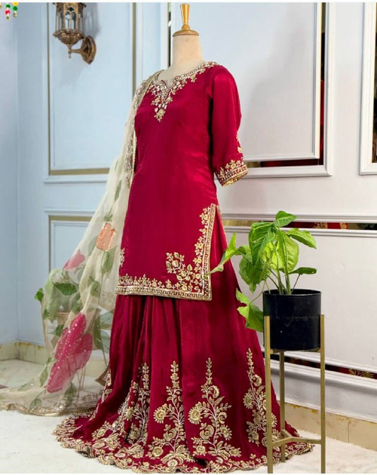 Đěsigner Party Wear Look Heavy Cinon Silk Top Sarara & Dupatta Set single available wholesale