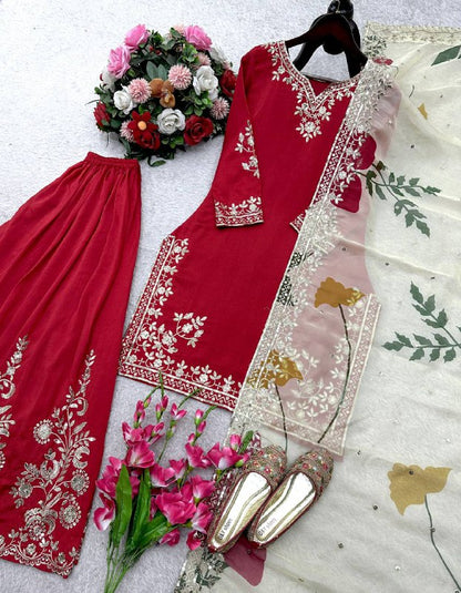 Đěsigner Party Wear Look Heavy Cinon Silk Top Sarara & Dupatta Set single available wholesale