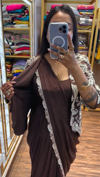 iNDO-WESTERN DRAPE SAREE….* 🚀 *🥻WE ARE LAUNCHING NEW SUPERHIT TRENDING INDO-WESTERN READY TO WEAR SAREE WITH FULLY EMBROIDERED KOTI ON  CHINON FABRIC WITH STITCH BLOUSE