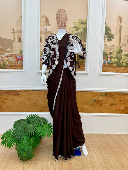 iNDO-WESTERN DRAPE SAREE….* 🚀 *🥻WE ARE LAUNCHING NEW SUPERHIT TRENDING INDO-WESTERN READY TO WEAR SAREE WITH FULLY EMBROIDERED KOTI ON  CHINON FABRIC WITH STITCH BLOUSE