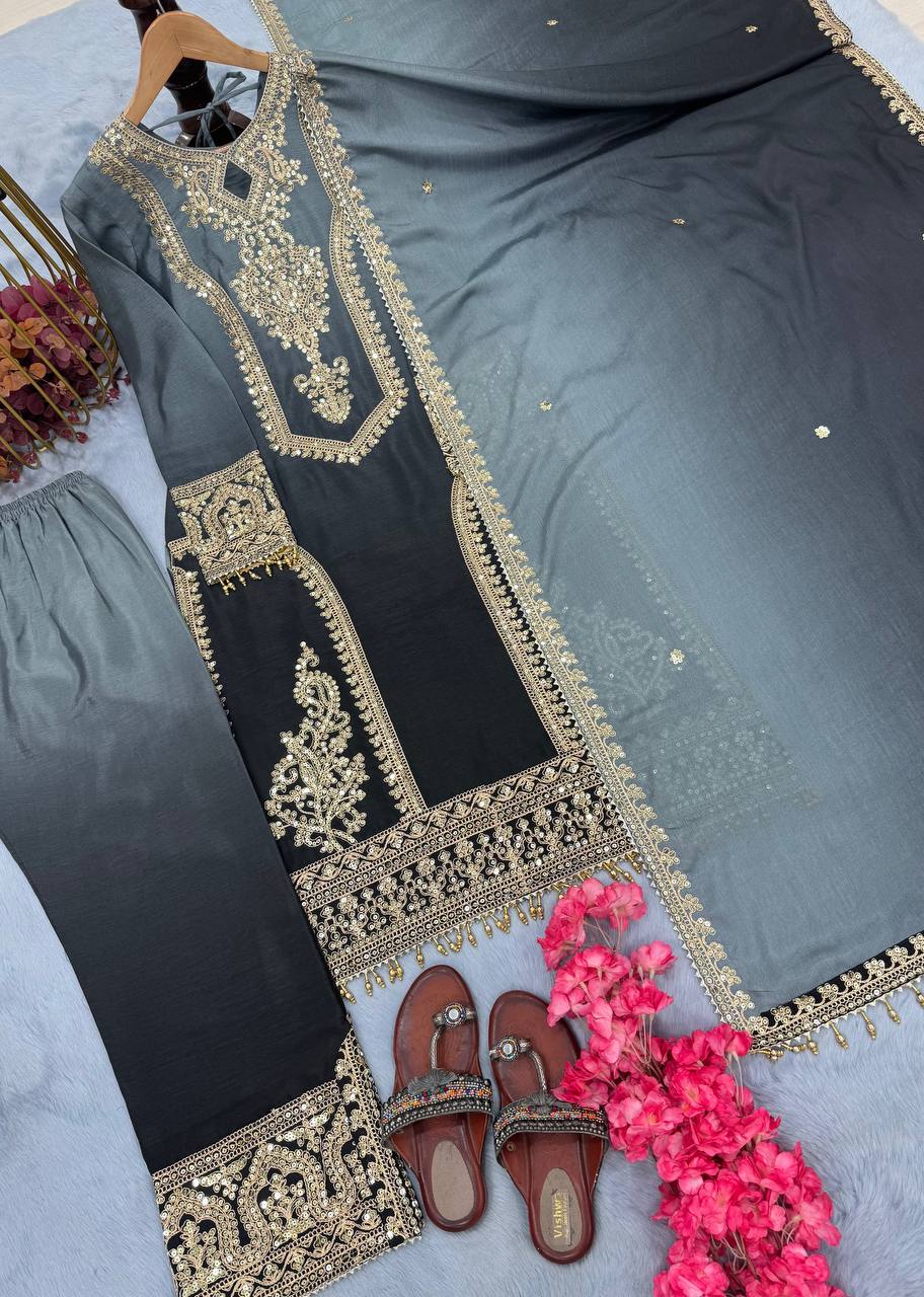 Đěsigner Party Wear Look Pur Dual Tone Peding Chinon Silk Top Plazzo & Dupatta Set
