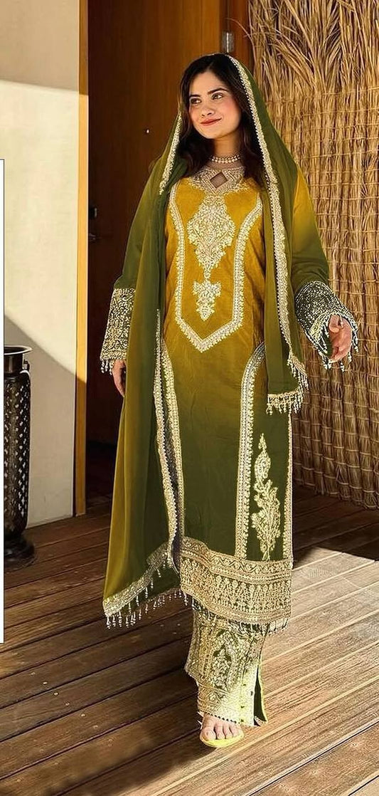 Đěsigner Party Wear Look Pur Dual Tone Peding Chinon Silk Top Plazzo & Dupatta Set
