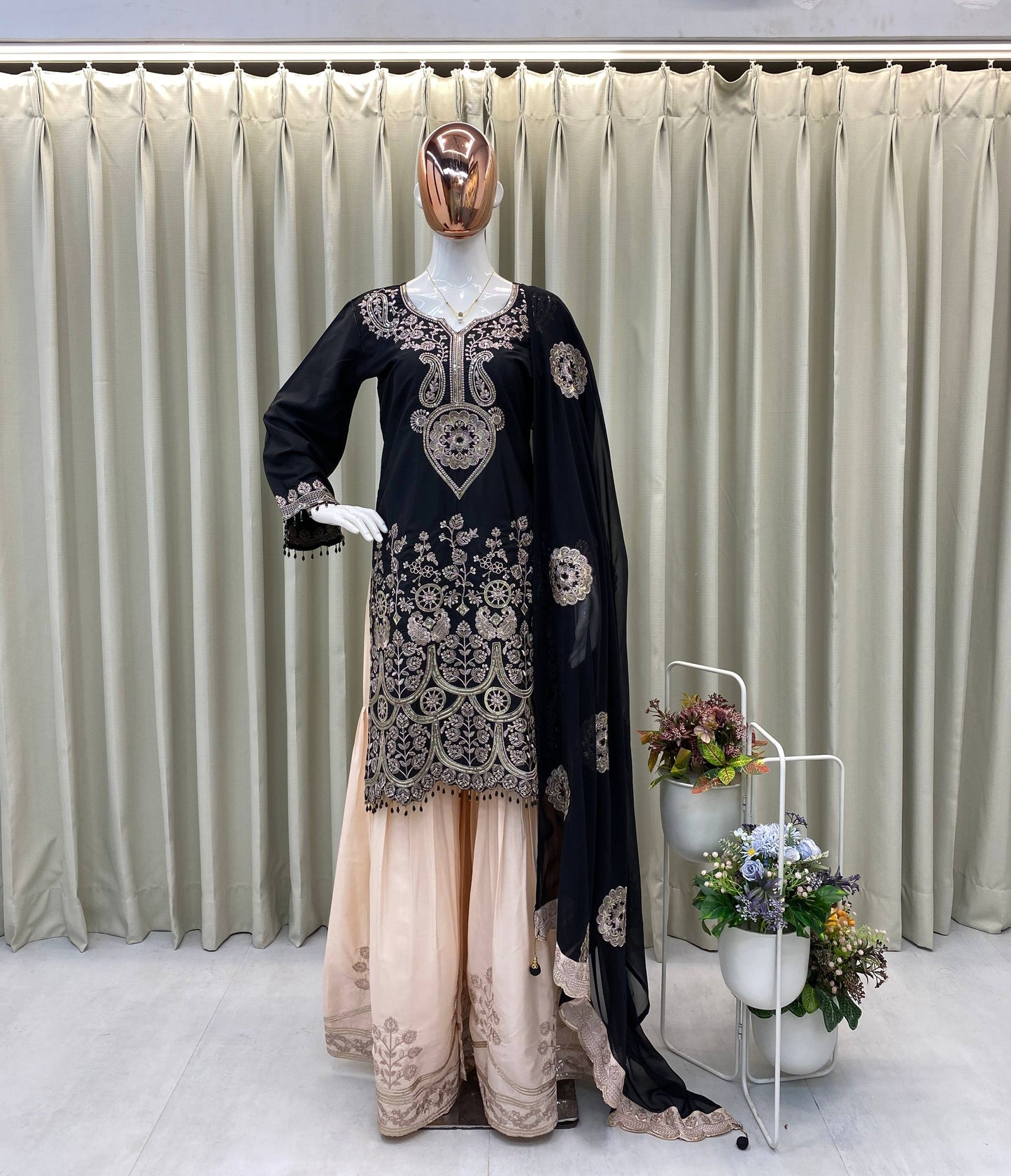 DESIGNER WEAR KURTA SARARA PAIR WITH DUPATTA IN SEQUENCE EMBROIDERY WORK single available wholesale