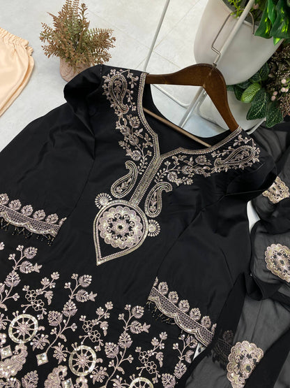 DESIGNER WEAR KURTA SARARA PAIR WITH DUPATTA IN SEQUENCE EMBROIDERY WORK single available wholesale