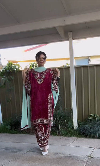 VELVET CORDING SEQUENCE EMBROIDERY WORK SUIT WITH DUPATTA single available wholesale