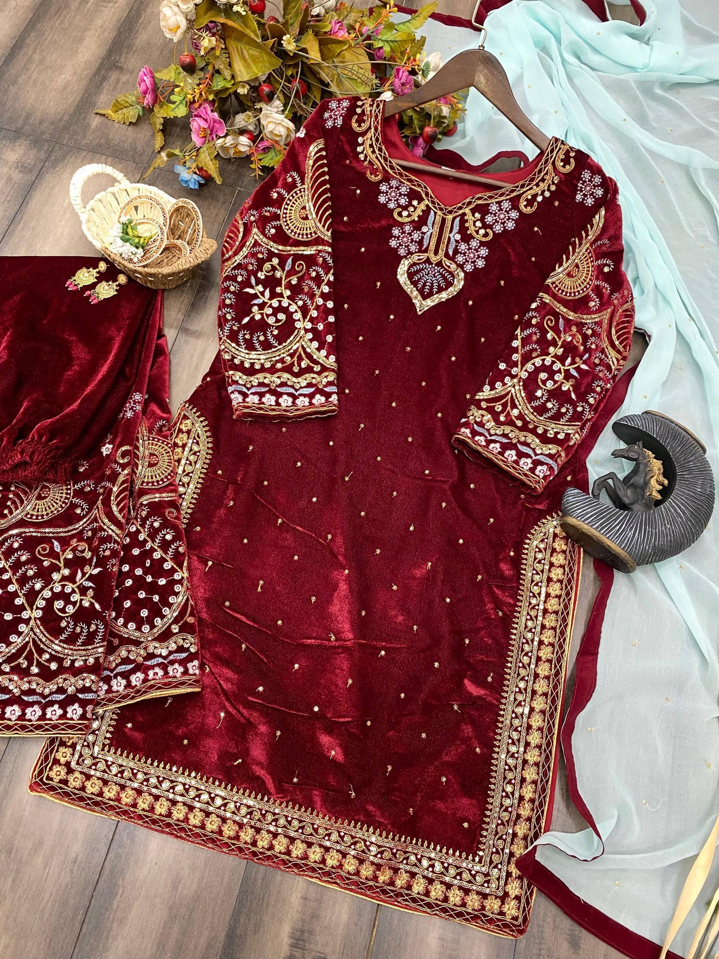 VELVET CORDING SEQUENCE EMBROIDERY WORK SUIT WITH DUPATTA single available wholesale