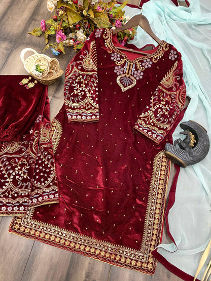 VELVET CORDING SEQUENCE EMBROIDERY WORK SUIT WITH DUPATTA single available wholesale