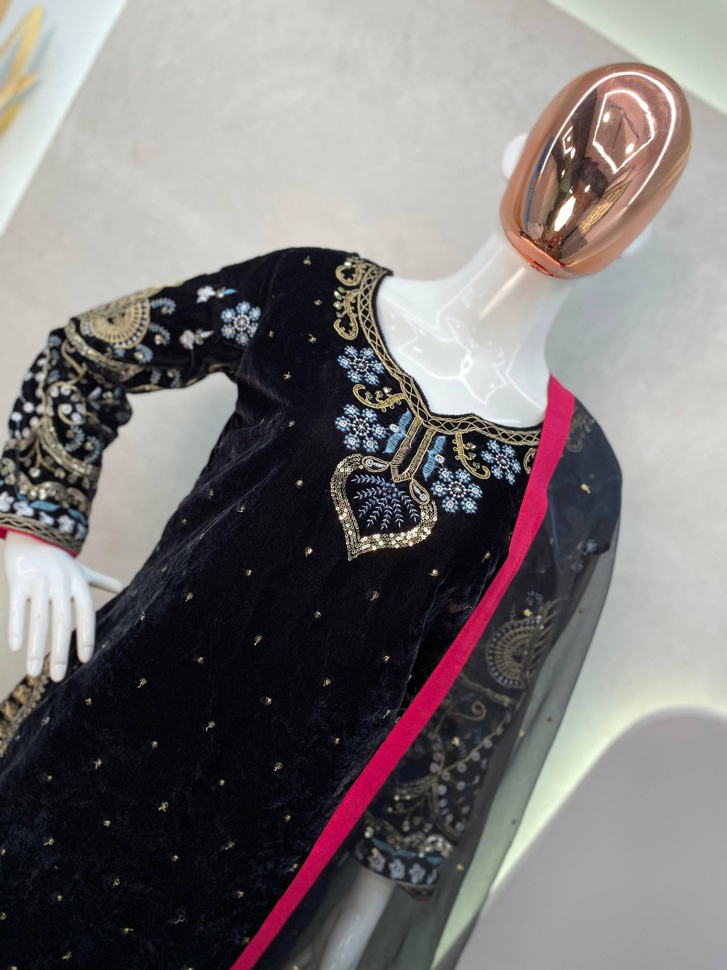 VELVET CORDING SEQUENCE EMBROIDERY WORK SUIT WITH DUPATTA single available wholesale