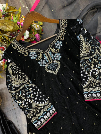 VELVET CORDING SEQUENCE EMBROIDERY WORK SUIT WITH DUPATTA single available wholesale