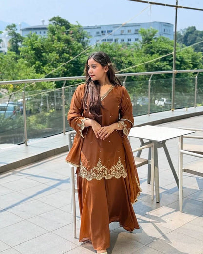 New Designer Party Wear Look Top-Plazzo and Dupatta With Heavy Embroidery Work