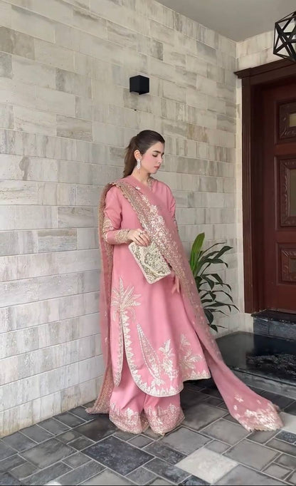 PARTY WEAR HEAVY EMBROIDERY CHINE SEQUENCE WORK TOP PLAZZO WITH DUPATTA single available wholesale