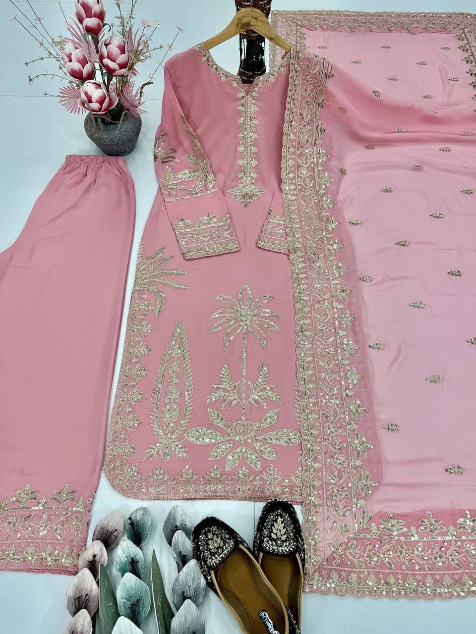 PARTY WEAR HEAVY EMBROIDERY CHINE SEQUENCE WORK TOP PLAZZO WITH DUPATTA single available wholesale
