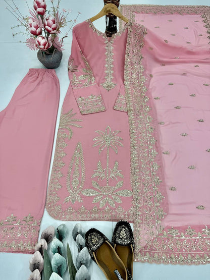 PARTY WEAR HEAVY EMBROIDERY CHINE SEQUENCE WORK TOP PLAZZO WITH DUPATTA single available wholesale