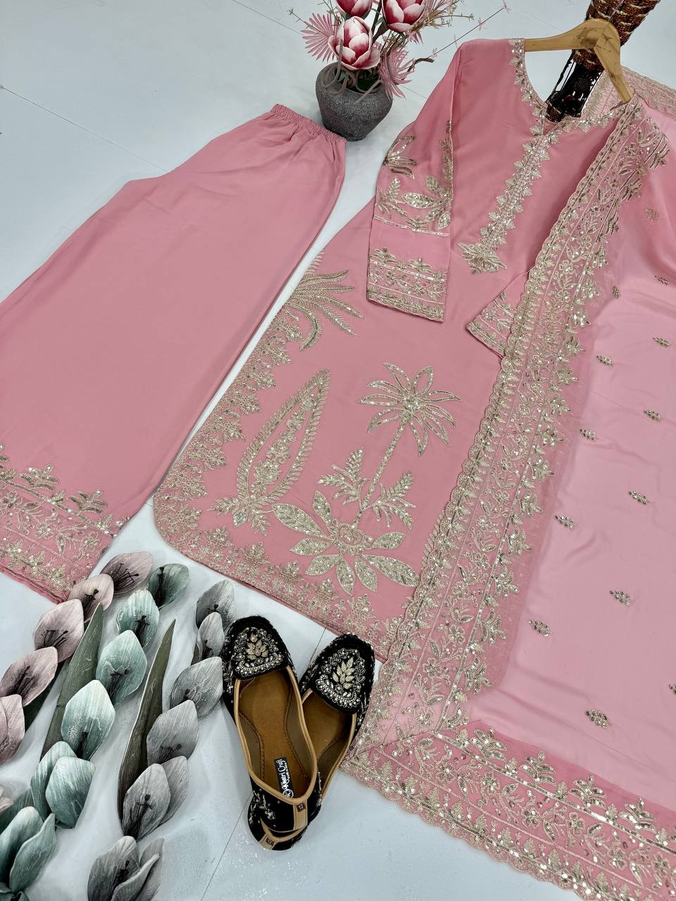 PARTY WEAR HEAVY EMBROIDERY CHINE SEQUENCE WORK TOP PLAZZO WITH DUPATTA single available wholesale
