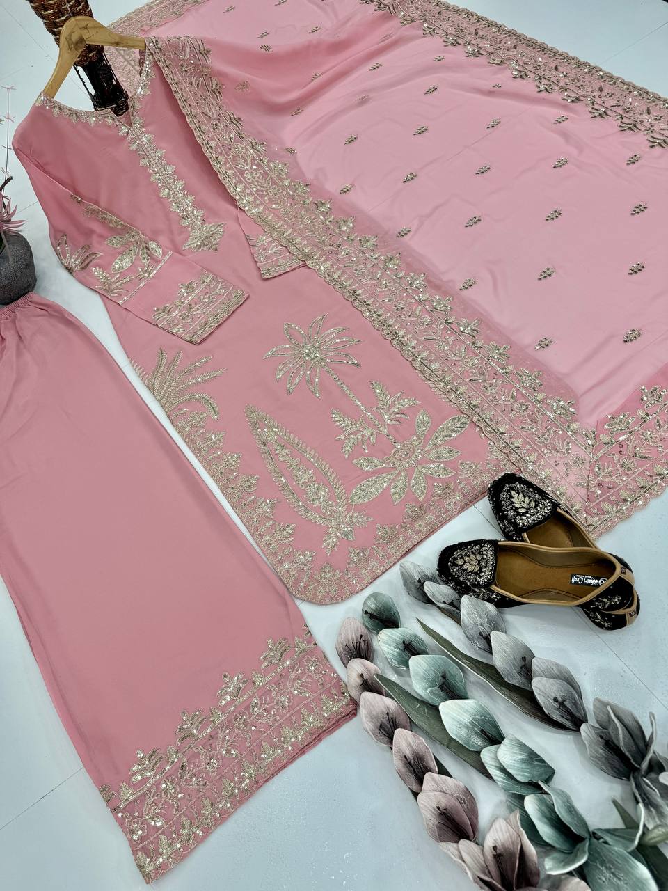 PARTY WEAR HEAVY EMBROIDERY CHINE SEQUENCE WORK TOP PLAZZO WITH DUPATTA single available wholesale