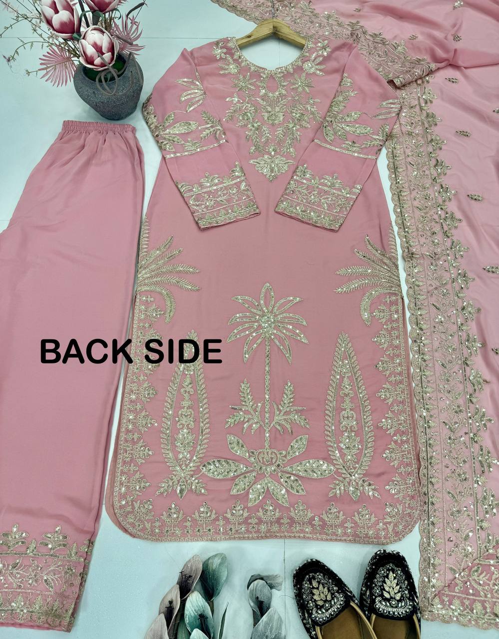 PARTY WEAR HEAVY EMBROIDERY CHINE SEQUENCE WORK TOP PLAZZO WITH DUPATTA single available wholesale