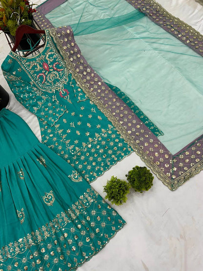 New Designer Party Wear Look Top-Plazzo and Dupatta With Heavy Embroidery Work