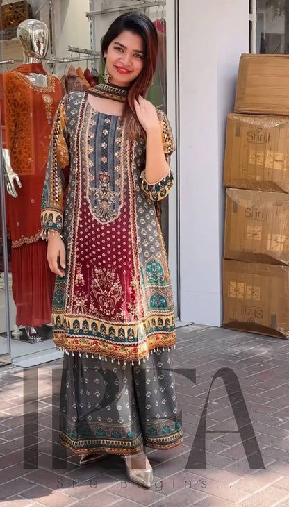 FUAX GEORGETTE DIGITAL PRINT HAND WORK SALWAR SUIT