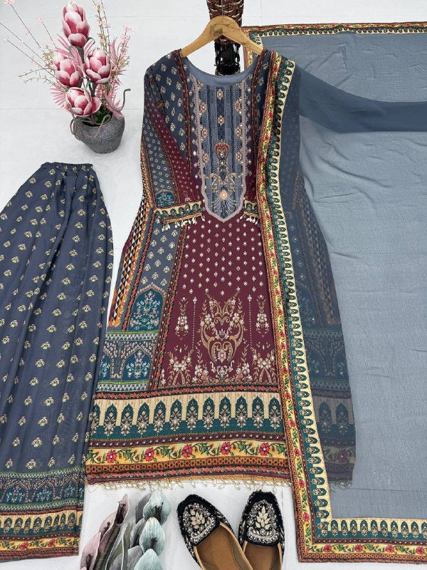 FUAX GEORGETTE DIGITAL PRINT HAND WORK SALWAR SUIT