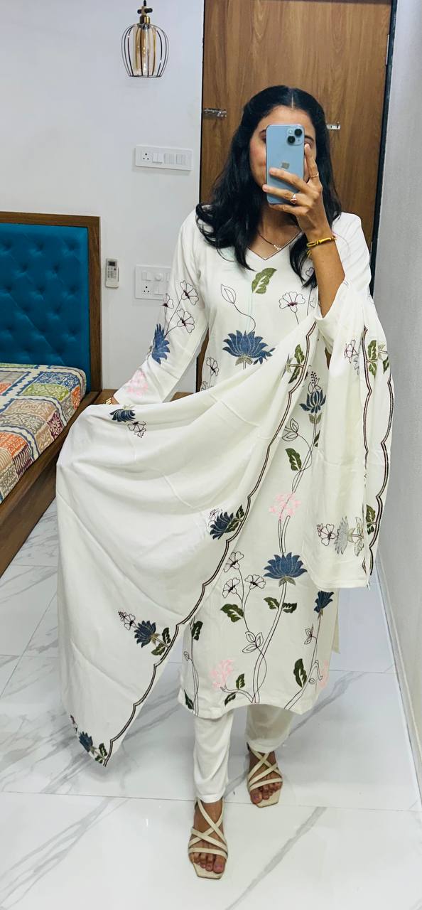 RENDING KURTA PLAZZO AND DUPATTA SET WITH  BEAUTIFUL LOTUS MOTIFS EMBROIDERY WORK
