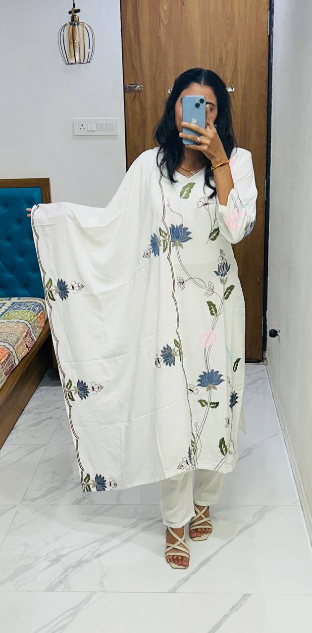 RENDING KURTA PLAZZO AND DUPATTA SET WITH  BEAUTIFUL LOTUS MOTIFS EMBROIDERY WORK
