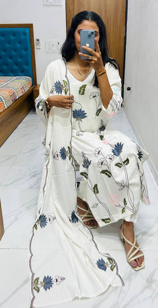 RENDING KURTA PLAZZO AND DUPATTA SET WITH  BEAUTIFUL LOTUS MOTIFS EMBROIDERY WORK