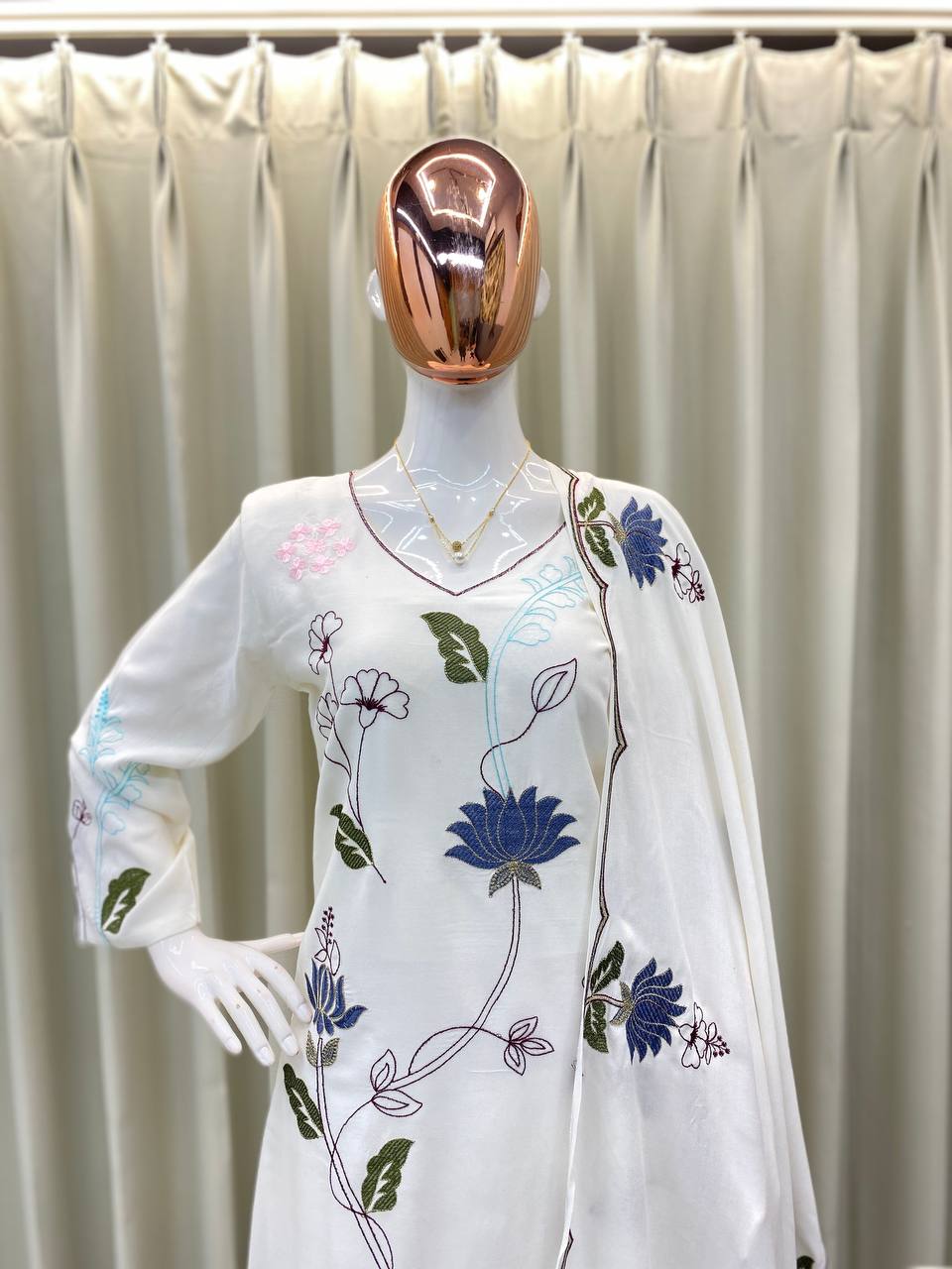 RENDING KURTA PLAZZO AND DUPATTA SET WITH  BEAUTIFUL LOTUS MOTIFS EMBROIDERY WORK