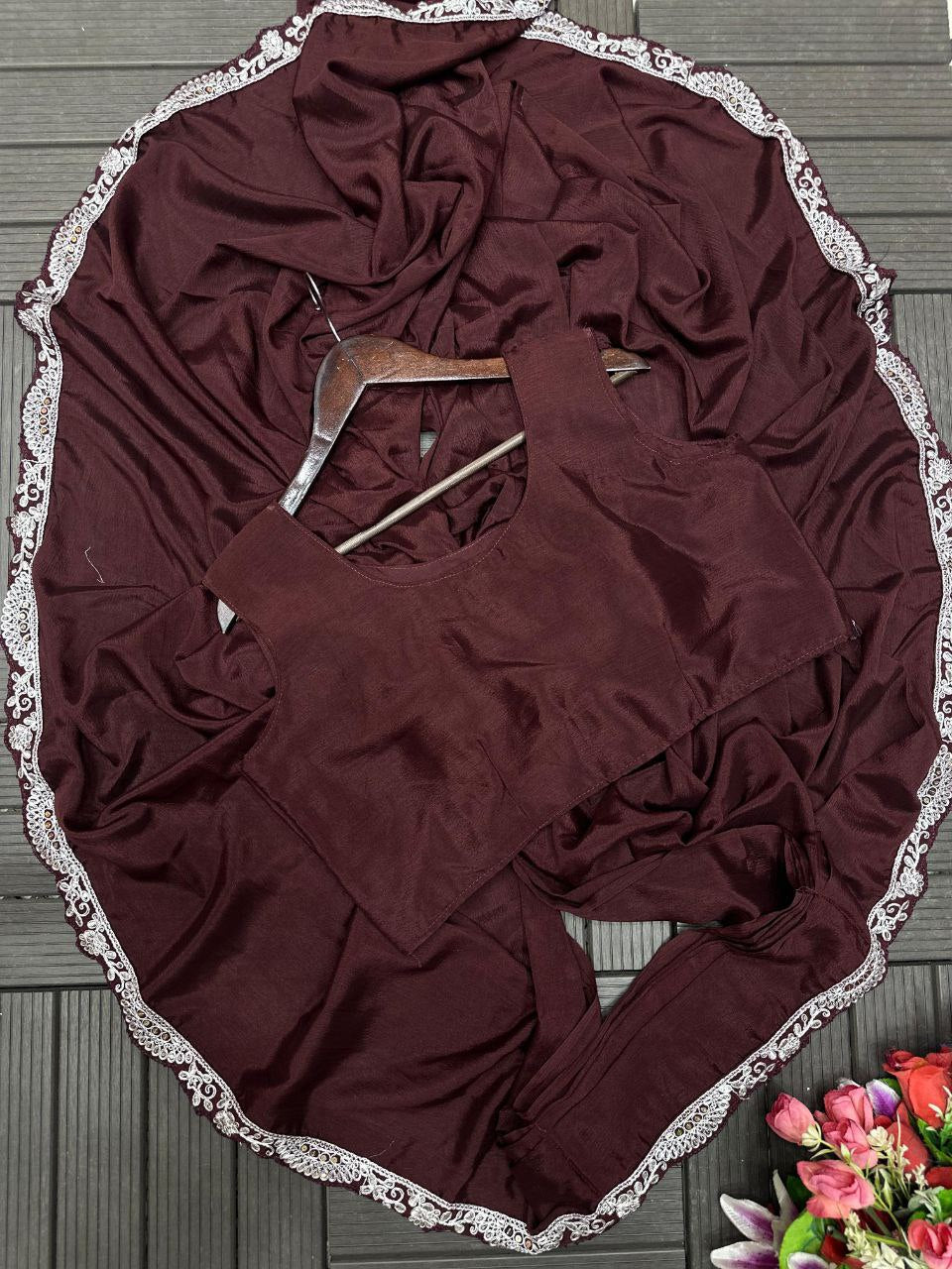 Trending Embroidery Sequence work ready to wear saree with full koti