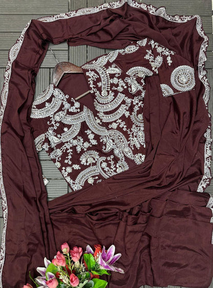 Trending Embroidery Sequence work ready to wear saree with full koti