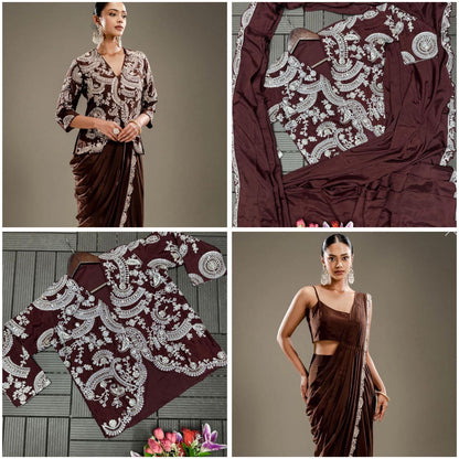 Trending Embroidery Sequence work ready to wear saree with full koti
