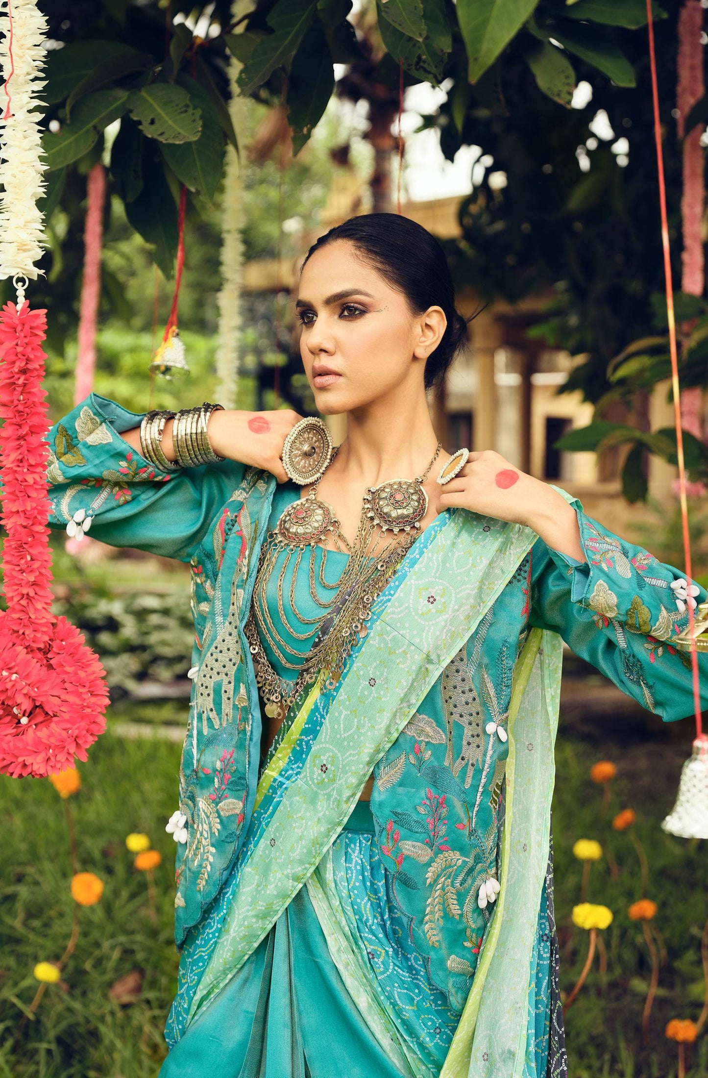 INDO-WESTERN READY TO WEAR SAREE WITH FULLY EMBROIDERED KOTI ON  SHIMMER FABRIC WITH STITCH BLOUSE