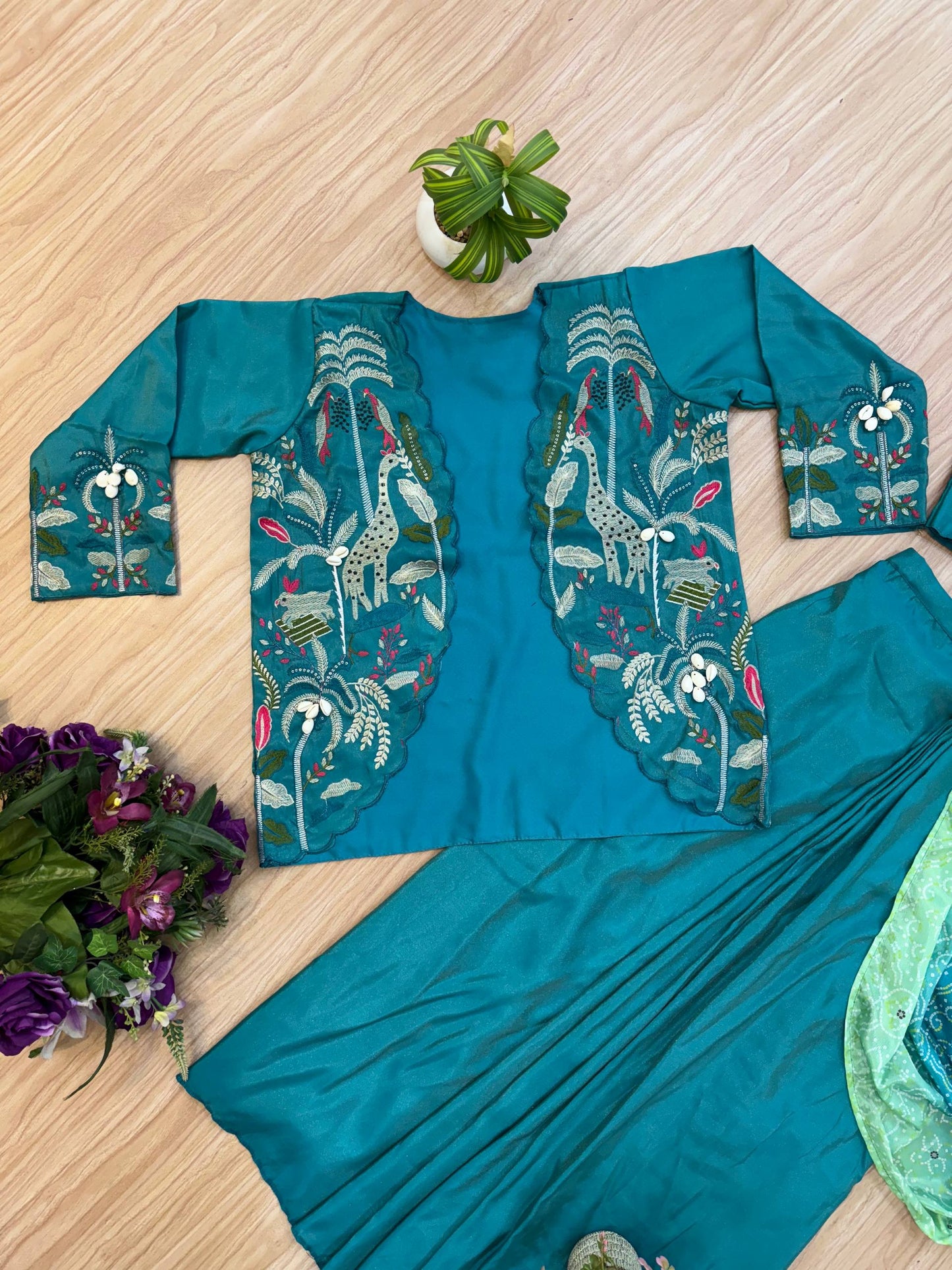 INDO-WESTERN READY TO WEAR SAREE WITH FULLY EMBROIDERED KOTI ON  SHIMMER FABRIC WITH STITCH BLOUSE