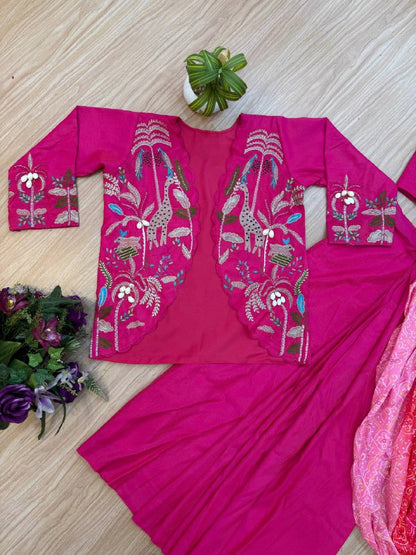 INDO-WESTERN READY TO WEAR SAREE WITH FULLY EMBROIDERED KOTI ON  SHIMMER FABRIC WITH STITCH BLOUSE