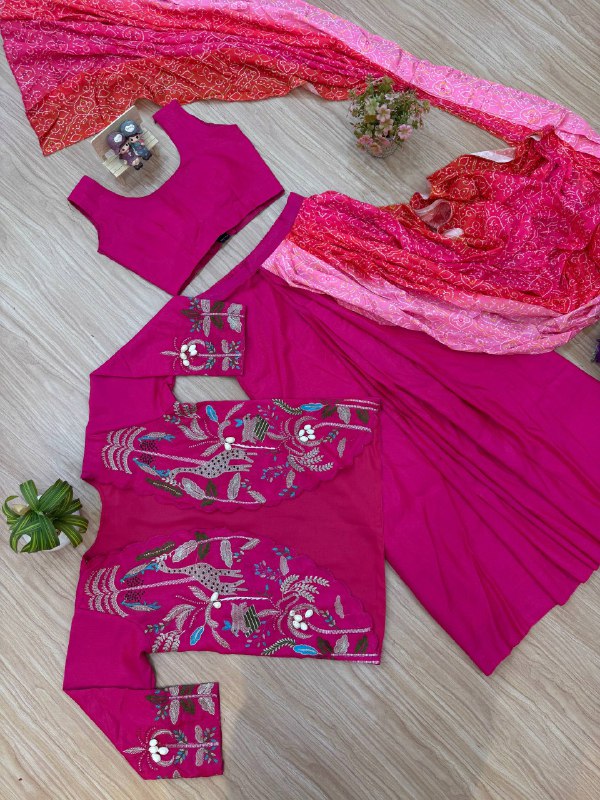 INDO-WESTERN READY TO WEAR SAREE WITH FULLY EMBROIDERED KOTI ON  SHIMMER FABRIC WITH STITCH BLOUSE