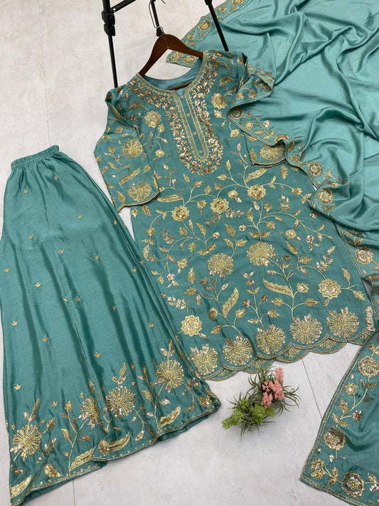 PAKISTANI  SEQUENCE EMBROIDERED WORK TOP AND PLAZZO WITH DUPATTA