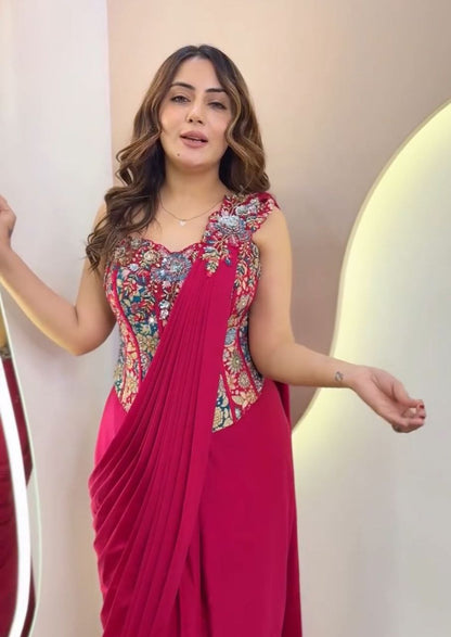 Embroidery Sequence work ready to wear saree with Embroidery Blouse