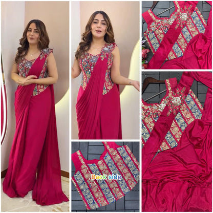 Embroidery Sequence work ready to wear saree with Embroidery Blouse