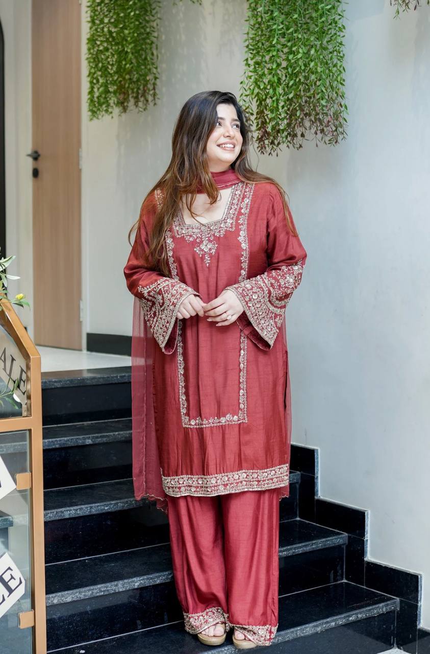 Designer Collection In German Chiffon With Embroidery Work Top-Bottom And Dupatta Set Fully Stitched Ready To Wear  single available wholesale