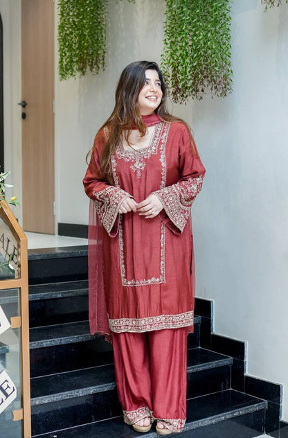 Designer Collection In German Chiffon With Embroidery Work Top-Bottom And Dupatta Set Fully Stitched Ready To Wear  single available wholesale