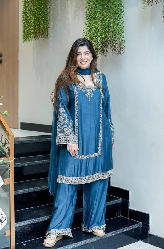 Designer Collection In German Chiffon With Embroidery Work Top-Bottom And Dupatta Set Fully Stitched Ready To Wear  single available wholesale