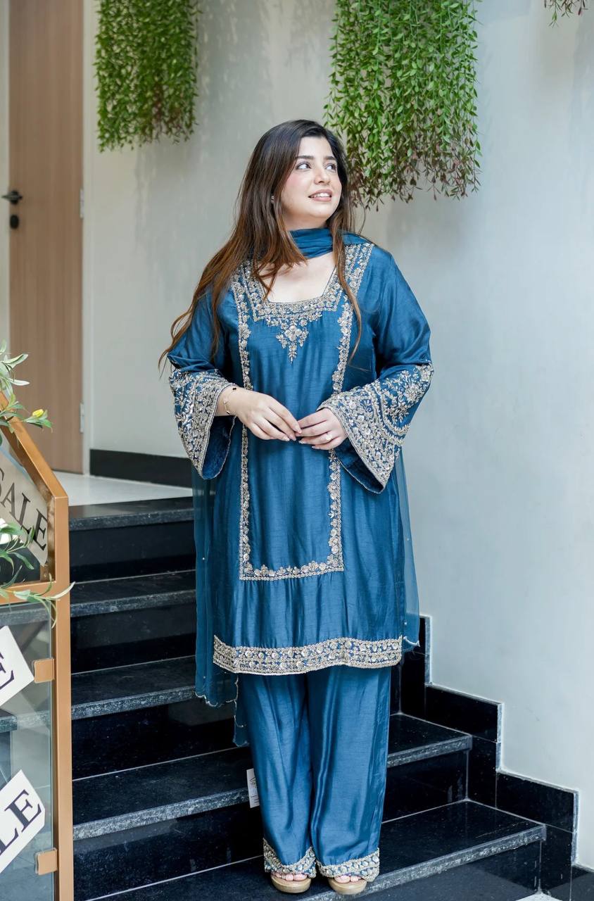 Designer Collection In German Chiffon With Embroidery Work Top-Bottom And Dupatta Set Fully Stitched Ready To Wear  single available wholesale