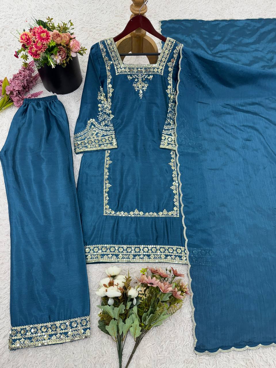 Designer Collection In German Chiffon With Embroidery Work Top-Bottom And Dupatta Set Fully Stitched Ready To Wear  single available wholesale