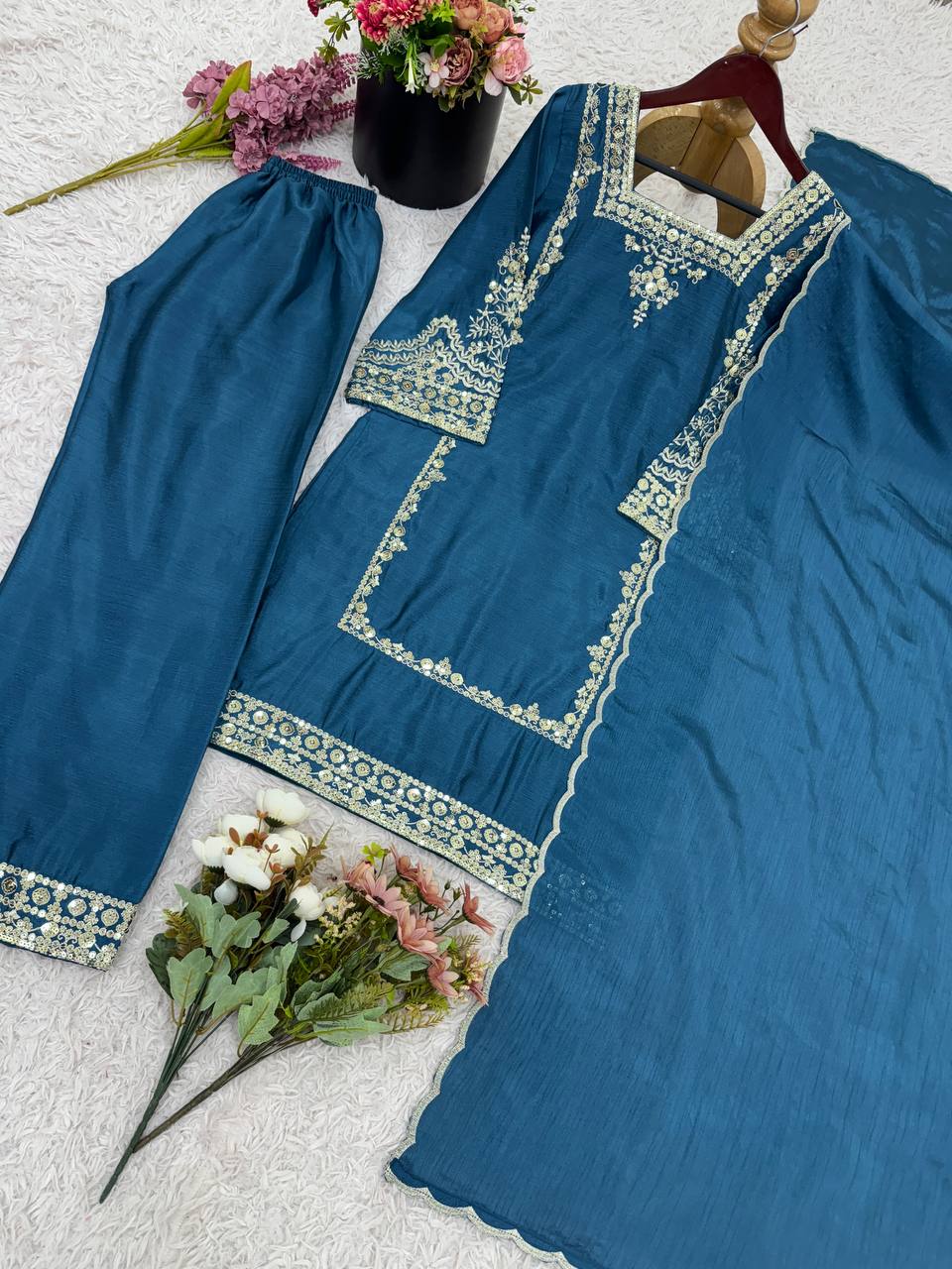 Designer Collection In German Chiffon With Embroidery Work Top-Bottom And Dupatta Set Fully Stitched Ready To Wear  single available wholesale