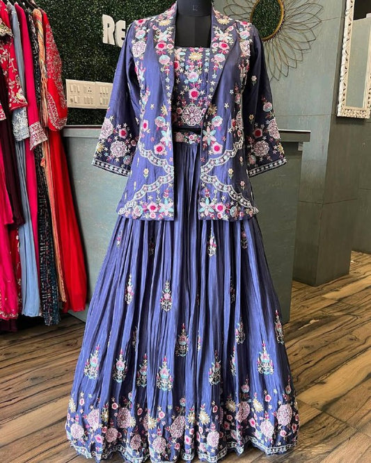 FANCY WESTERN STYLE CHINON MULTI THREADS SEQUENCE WORK BLAZER/KOTI, TUBE CHOLI WITH HEAVY FLAIR SARARA & DUPATTA