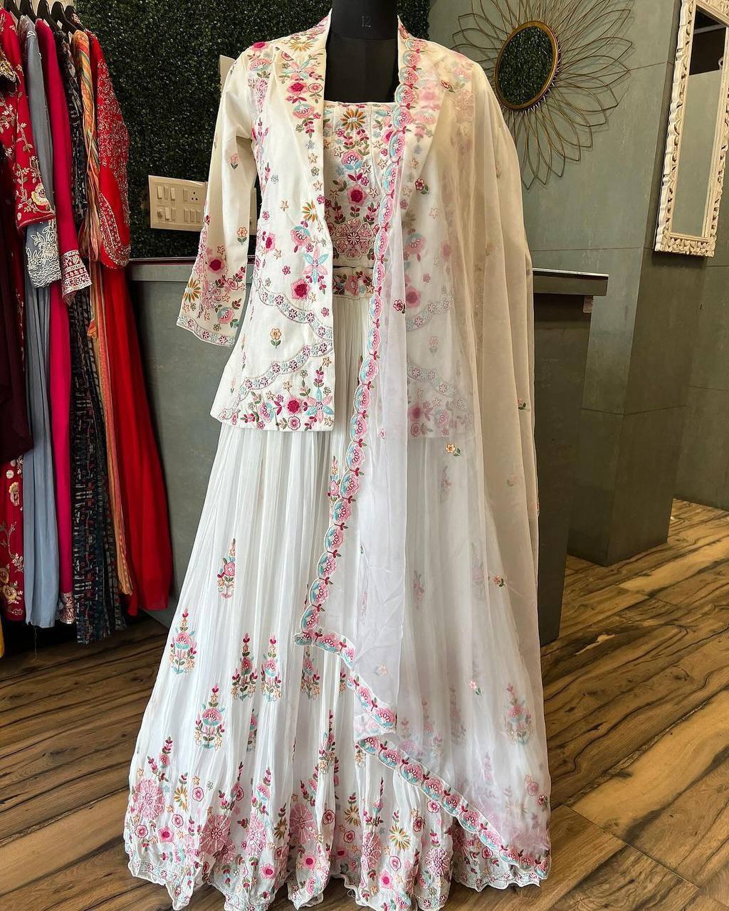 FANCY WESTERN STYLE CHINON MULTI THREADS SEQUENCE WORK BLAZER/KOTI, TUBE CHOLI WITH HEAVY FLAIR SARARA & DUPATTA