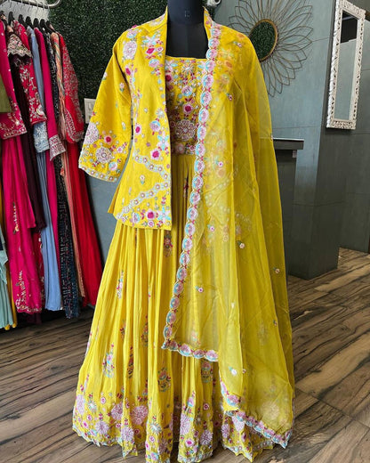 FANCY WESTERN STYLE CHINON MULTI THREADS SEQUENCE WORK BLAZER/KOTI, TUBE CHOLI WITH HEAVY FLAIR SARARA & DUPATTA