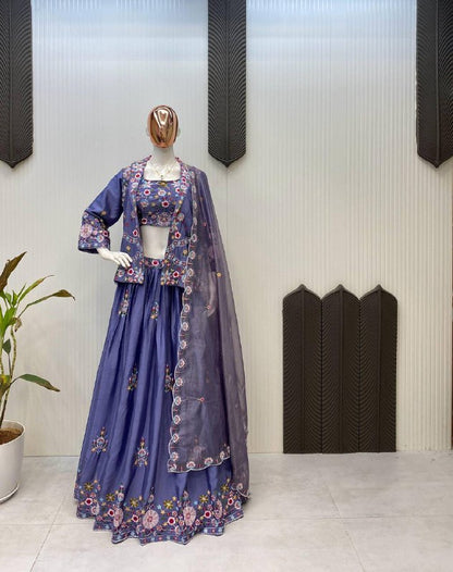FANCY WESTERN STYLE CHINON MULTI THREADS SEQUENCE WORK BLAZER/KOTI, TUBE CHOLI WITH HEAVY FLAIR SARARA & DUPATTA
