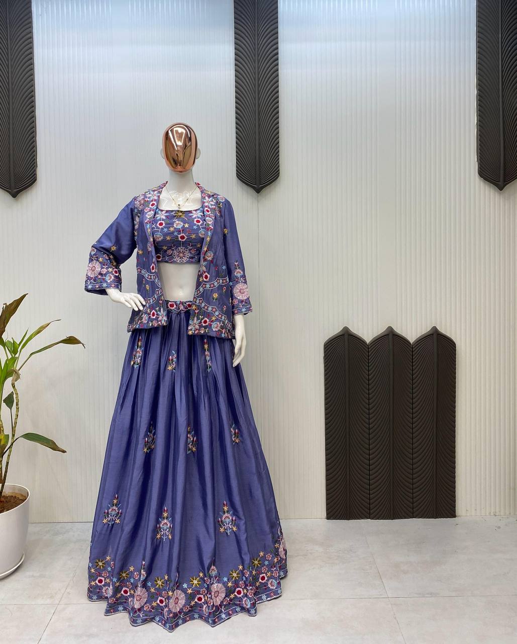 FANCY WESTERN STYLE CHINON MULTI THREADS SEQUENCE WORK BLAZER/KOTI, TUBE CHOLI WITH HEAVY FLAIR SARARA & DUPATTA